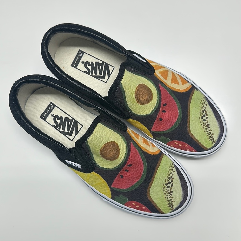 Vans Custom Made Fruit Print Black Slip Ons